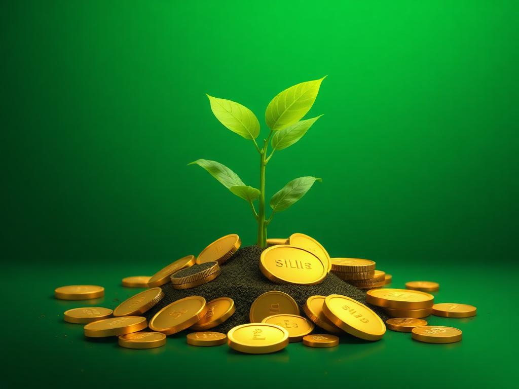 Mutual fund growth — emerald sapling rising from gold coins